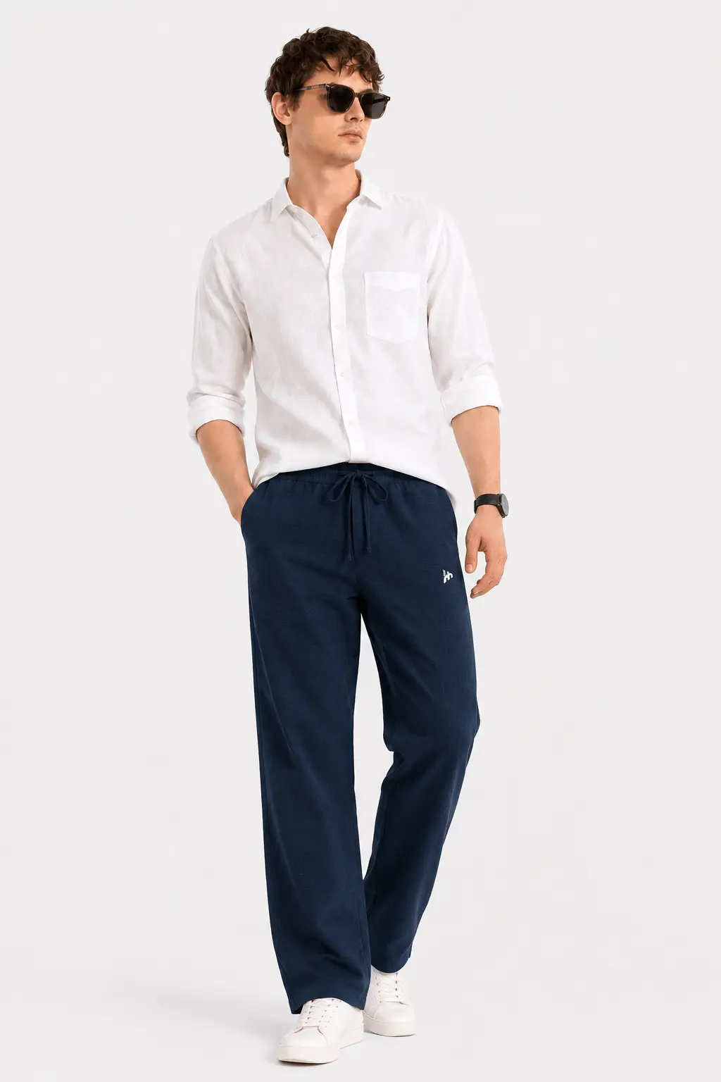 Navy Blue Elasticated Linen Blend Casual Trousers