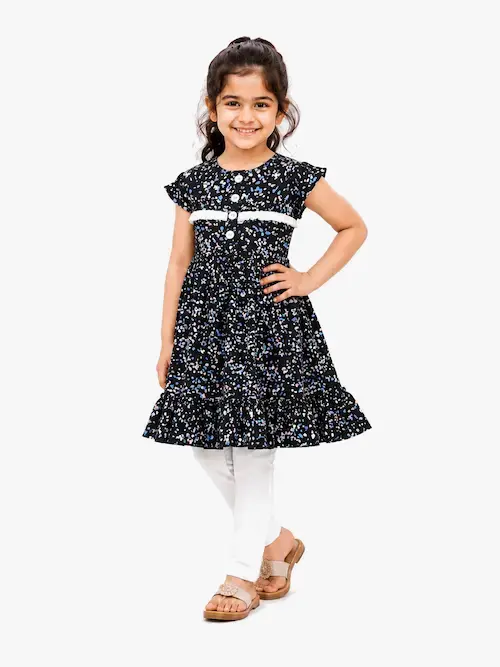 Girls’ Black Speckled Floral Print Kurti Kurta with White Trousers Ethnic Set