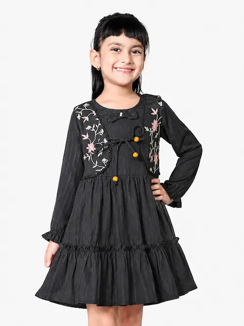Girls’ Black Floral Embroidered Long Sleeve Dress with Attached Vest