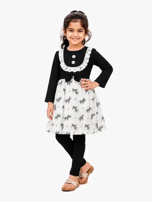 Girls’ Black & White Animal Print Kurti Kurta with Leggings Ethnic Set