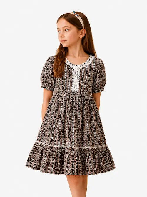 Girls’ Brown Geometric Floral Print Puff Sleeve Dress with White Crochet Lace Trim