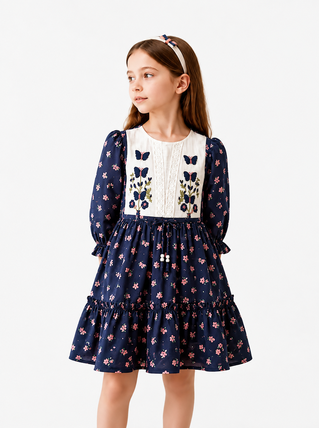 Navy Floral Butterfly Embroidered Dress