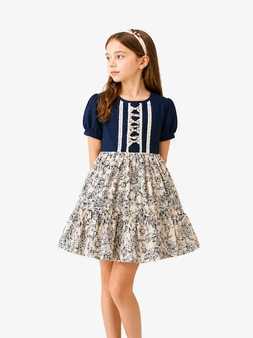 Navy & Cream Floral Lattice Dress