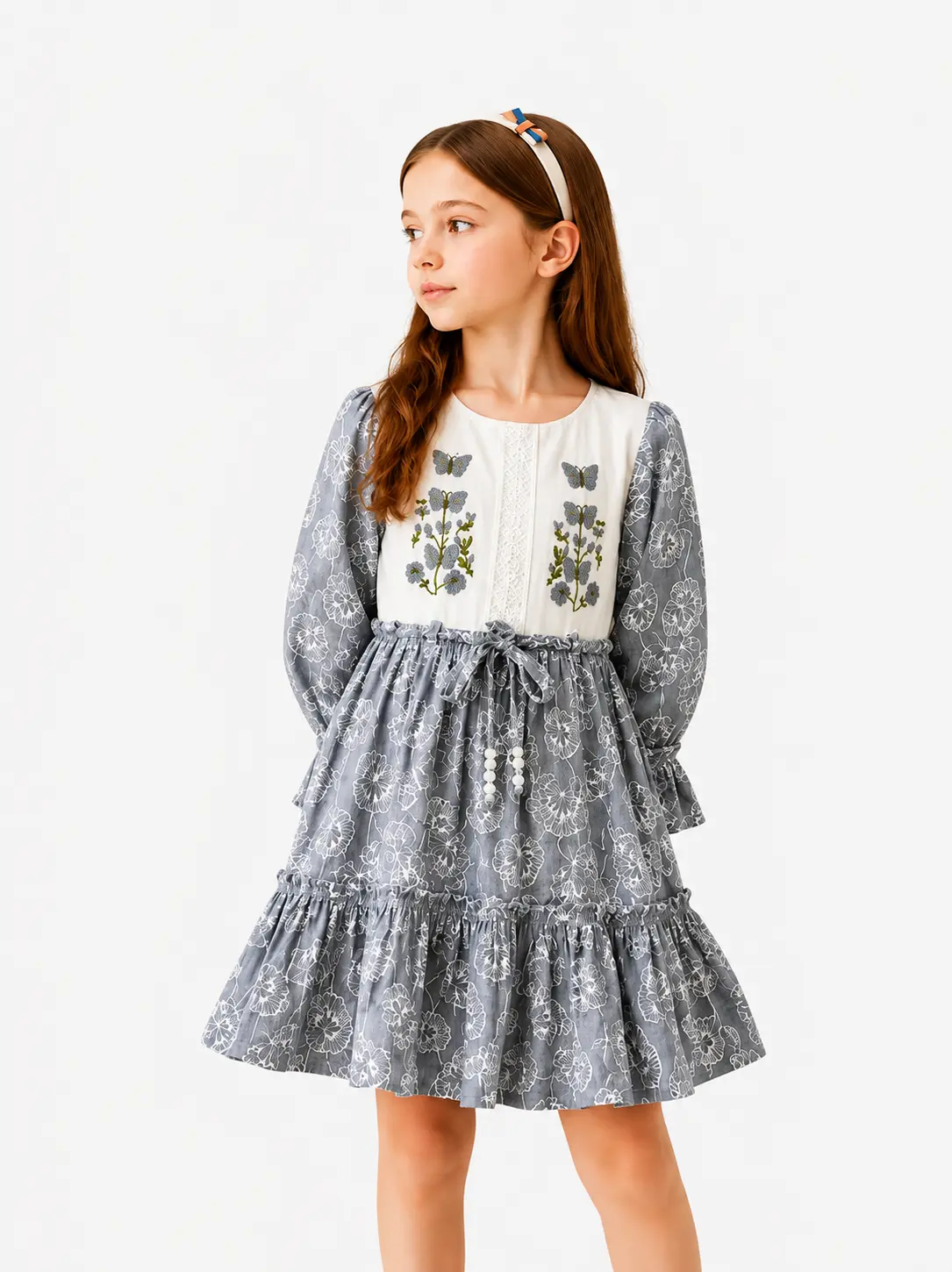 Girls’ Slate Grey Floral Print Long Sleeve Dress with Embroidered Bib