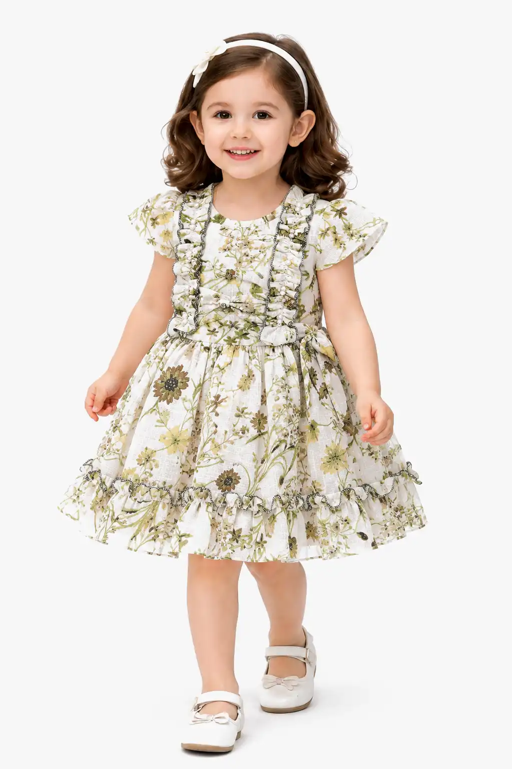 Girls’ Off-White Olive Green Floral Print Party Wear Dress