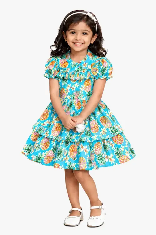 Sky Blue Tropical Pineapple Printed Puff Sleeve Tiered Skater Dress for Girls