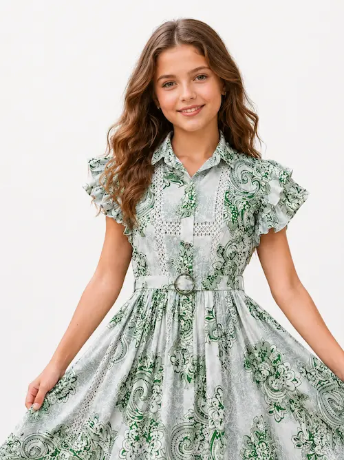 Sage Green Paisley Print Flutter-Sleeve Dress
