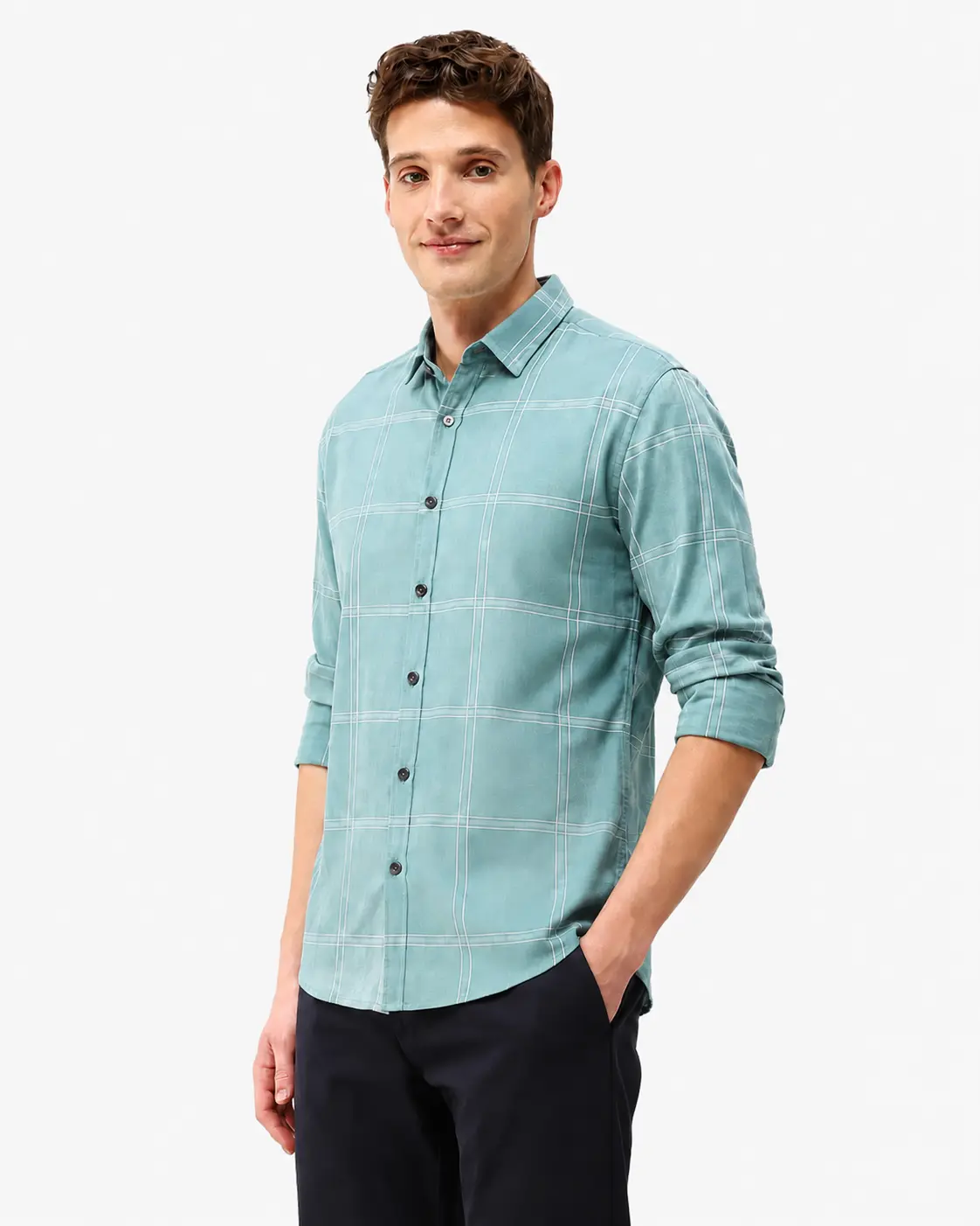 Men’s Sage Green Windowpane Checked Long Sleeve Casual Shirt
