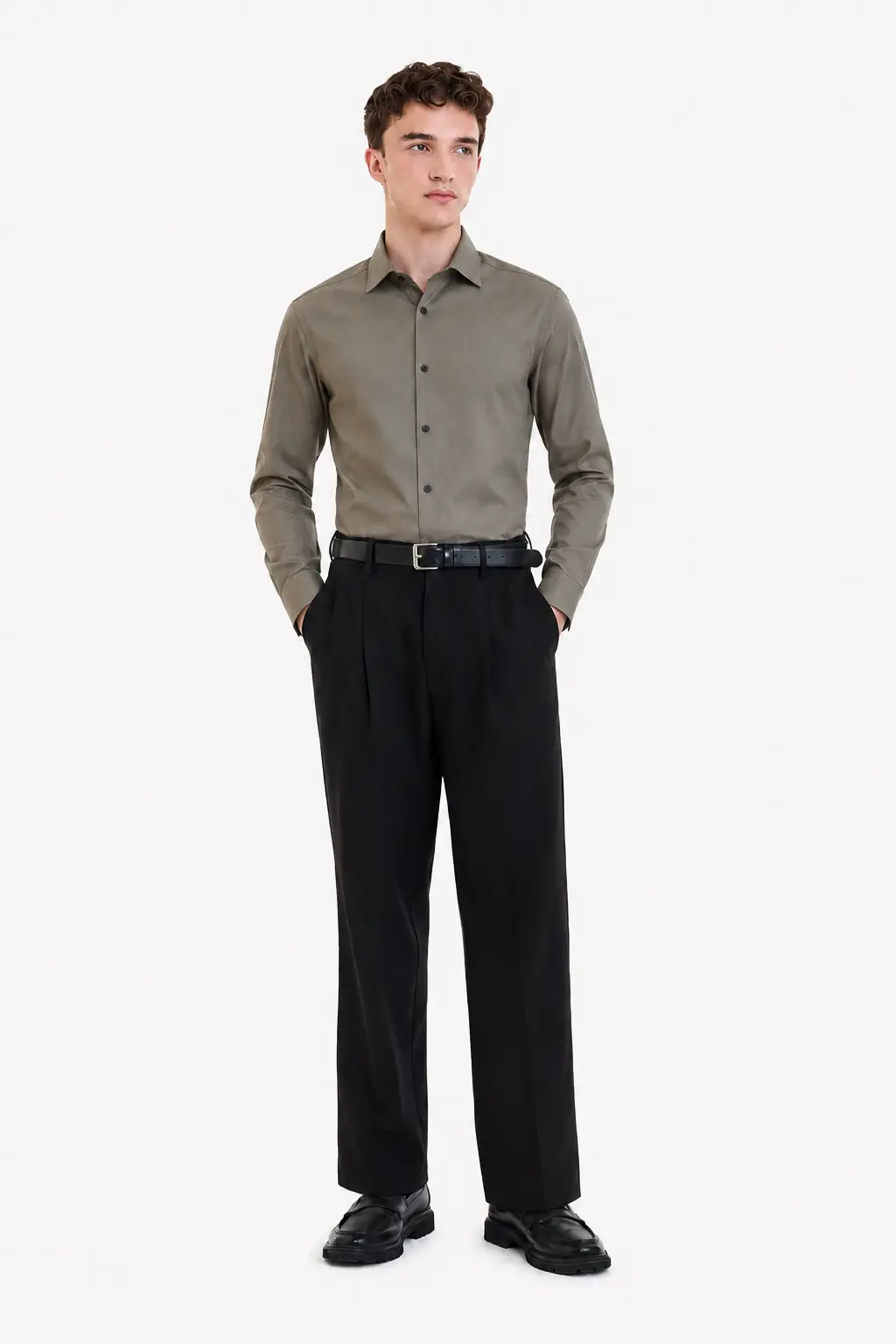 Men’s Muted Olive Slim Fit Cotton Button-Down Shirt for Office Wear