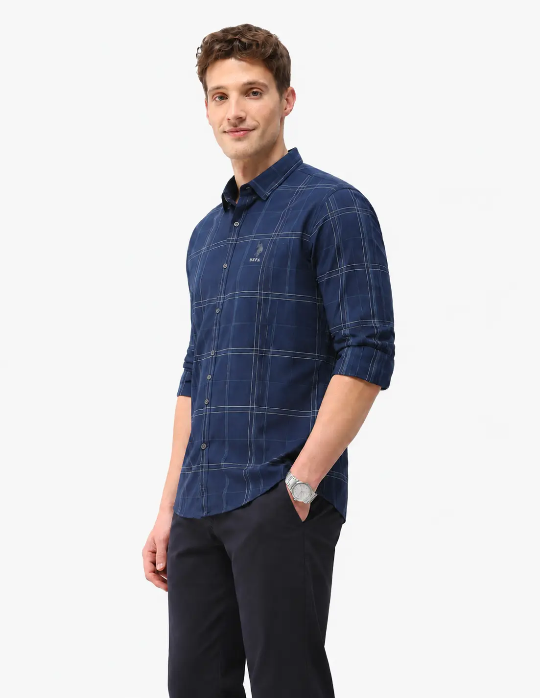 Men’s Navy Blue Grid Pattern Cotton Casual Button-Down Shirt