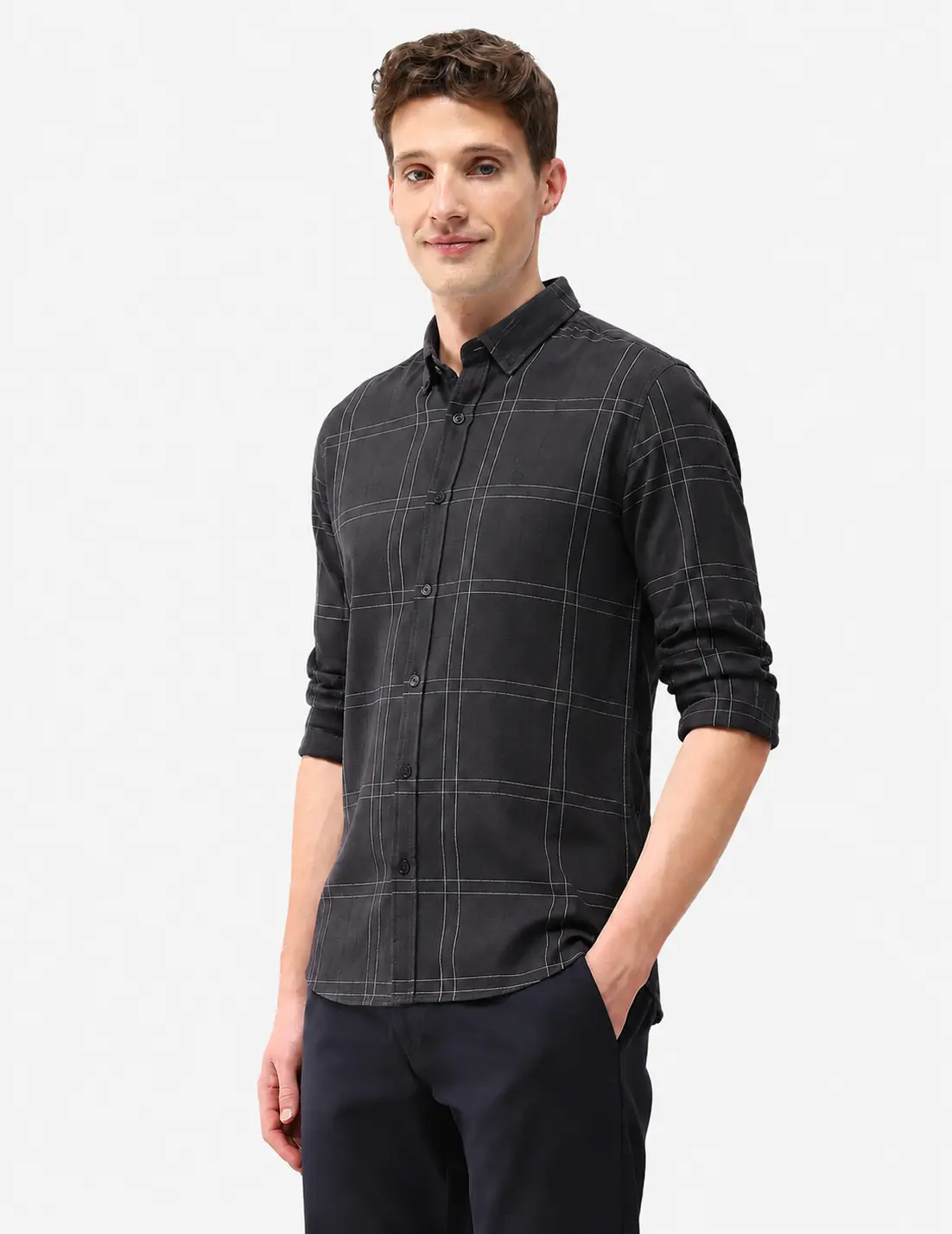 Washed Black Grid Cotton Long Sleeve Shirt
