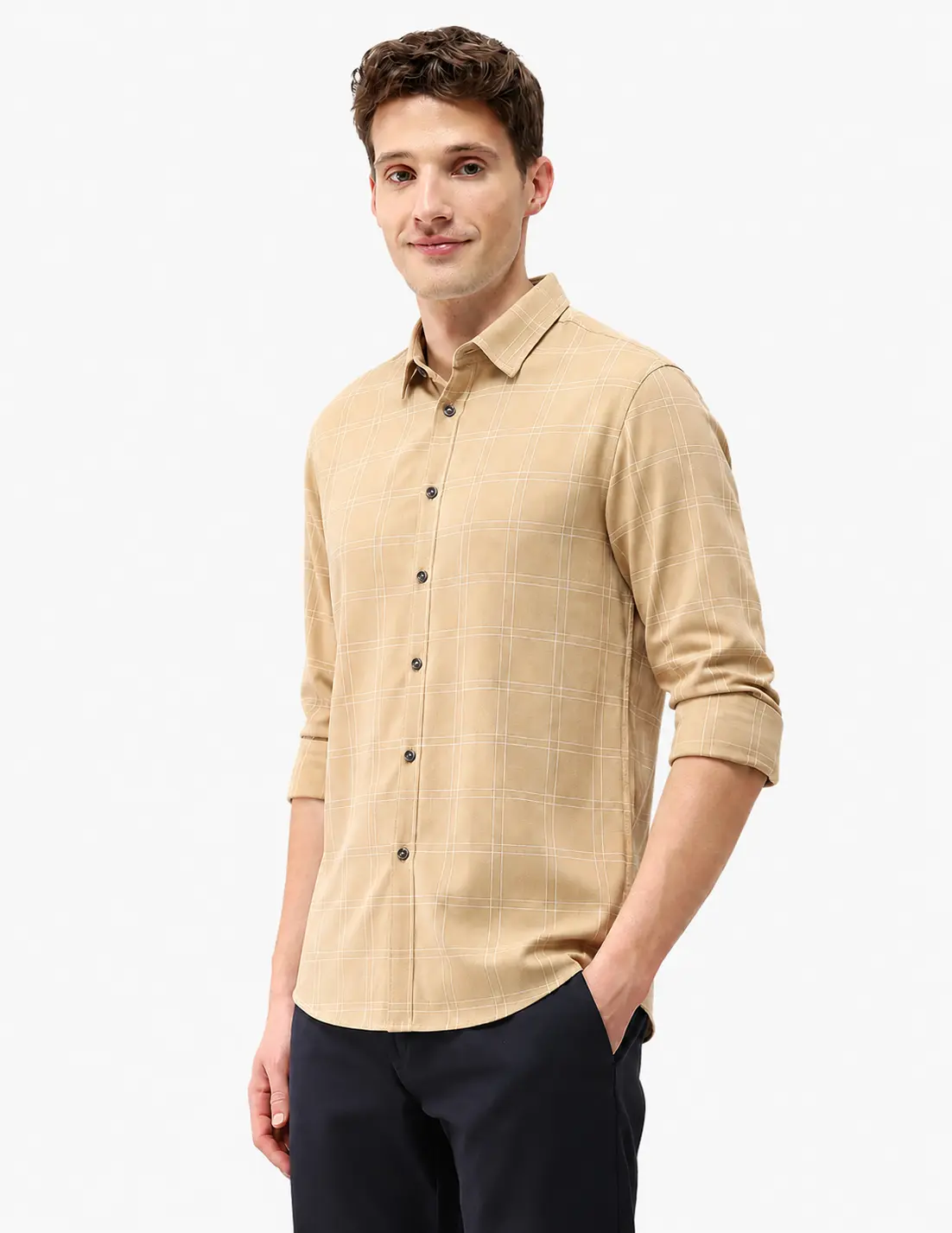 Men’s Sand Beige Grid Pattern Cotton Casual Button-Down Shirt