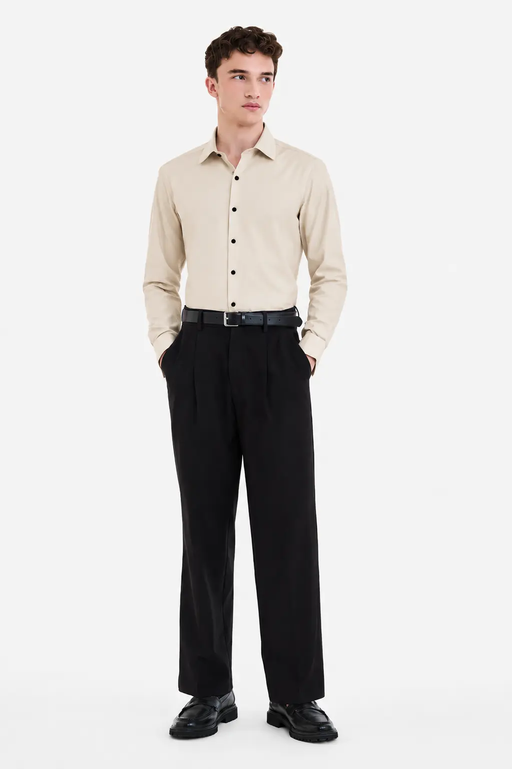 Men’s Cream Beige Solid Long Sleeve Formal Shirt