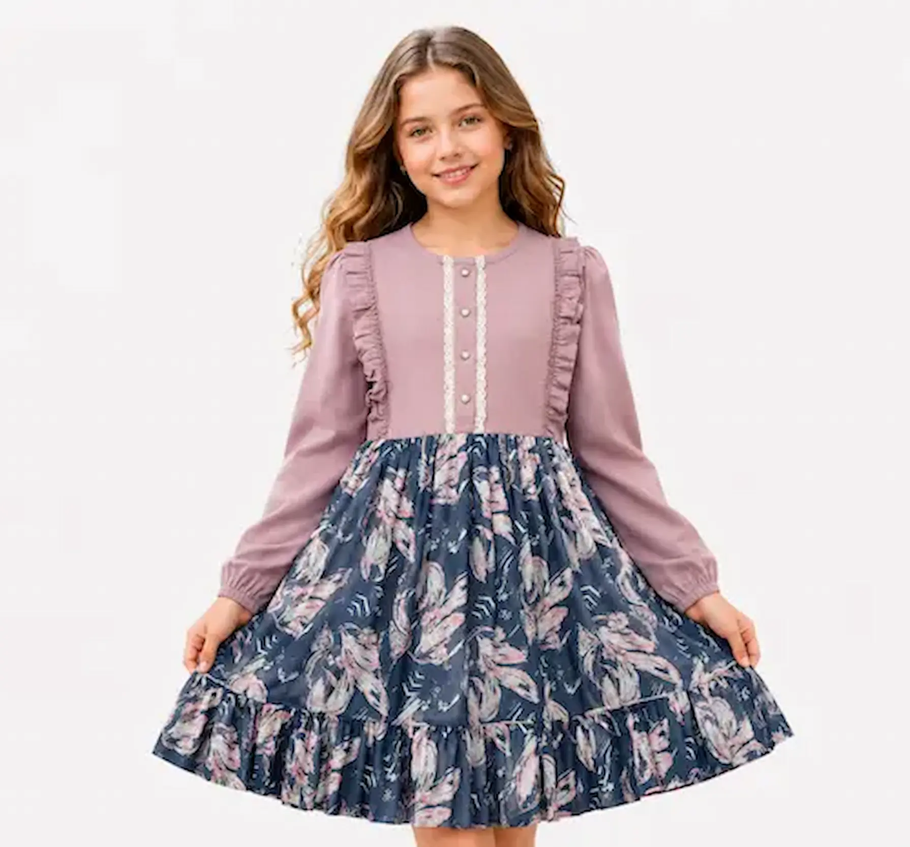 Dusty Rose & Botanical Blue Tiered Patchwork Midi Dress