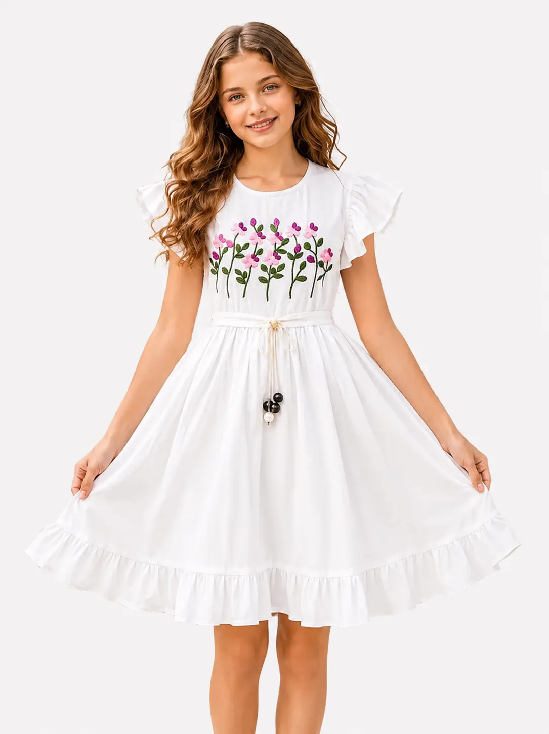Botanical Embroidered Ruffle-Hem Dress in White