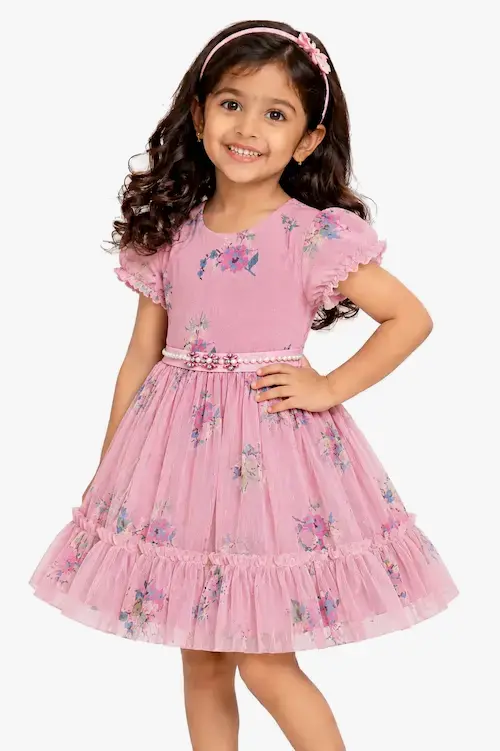 Baby Pink Floral Net Fit and Flare Frock with Flutter Sleeves for Girls