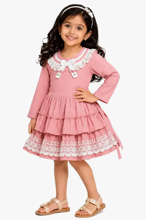 Rose Pink Sailor Collar Party Dress with Bow Accent