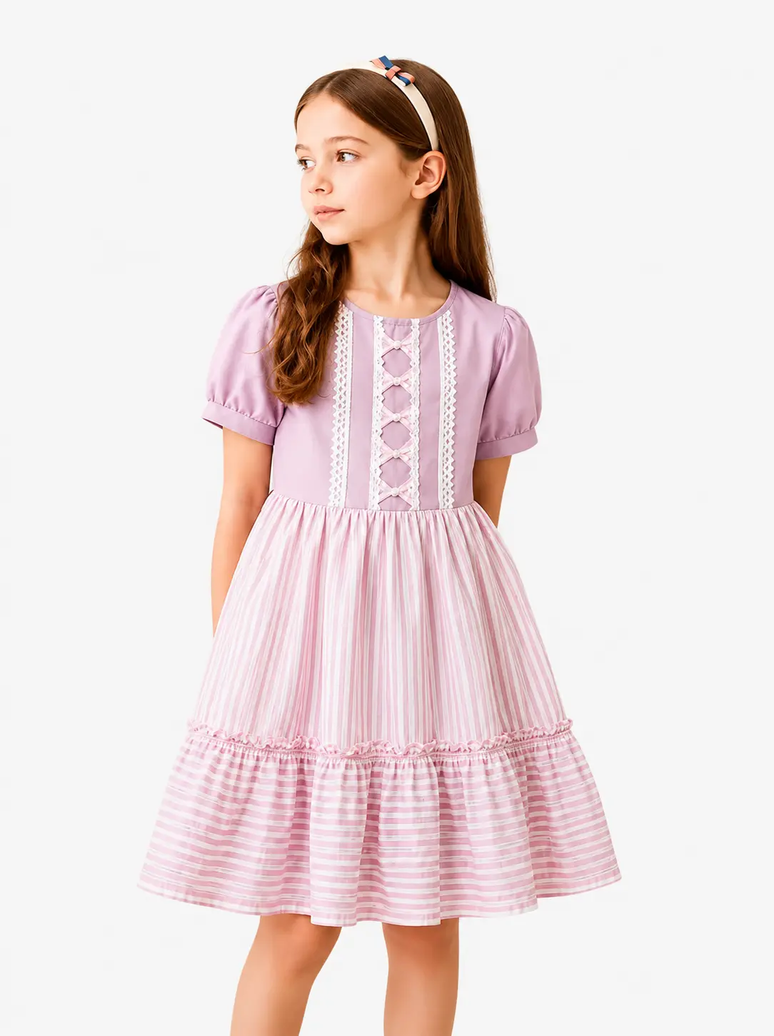 Lilac Purple Cotton A-Line Skater Dress with Striped Tiered Skirt for Girls