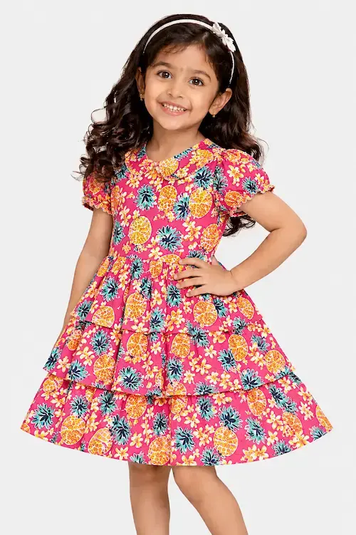 Girls’ Bright Pink Pineapple & Floral Print Tiered Cotton Summer Dress