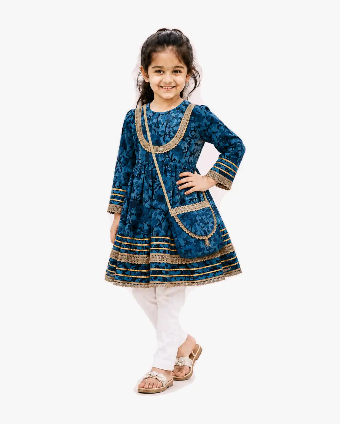 Peacock Teal Printed Kurta & Trouser Set with Crossbody Bag