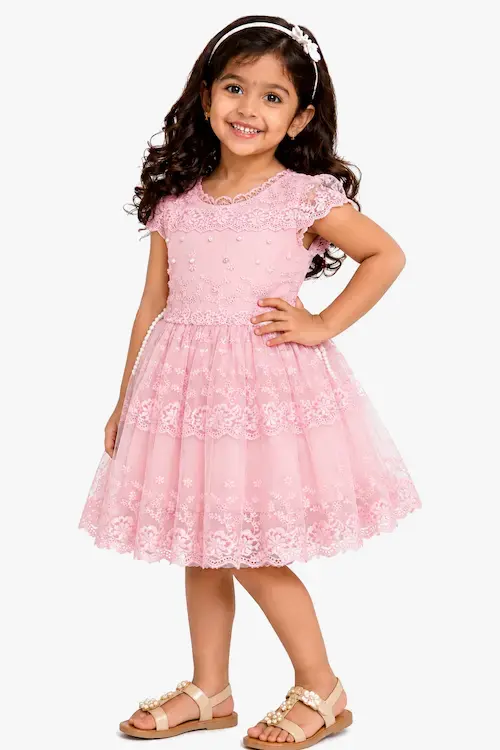 Baby Pink Pearl-Accent Lace Tiered Frock