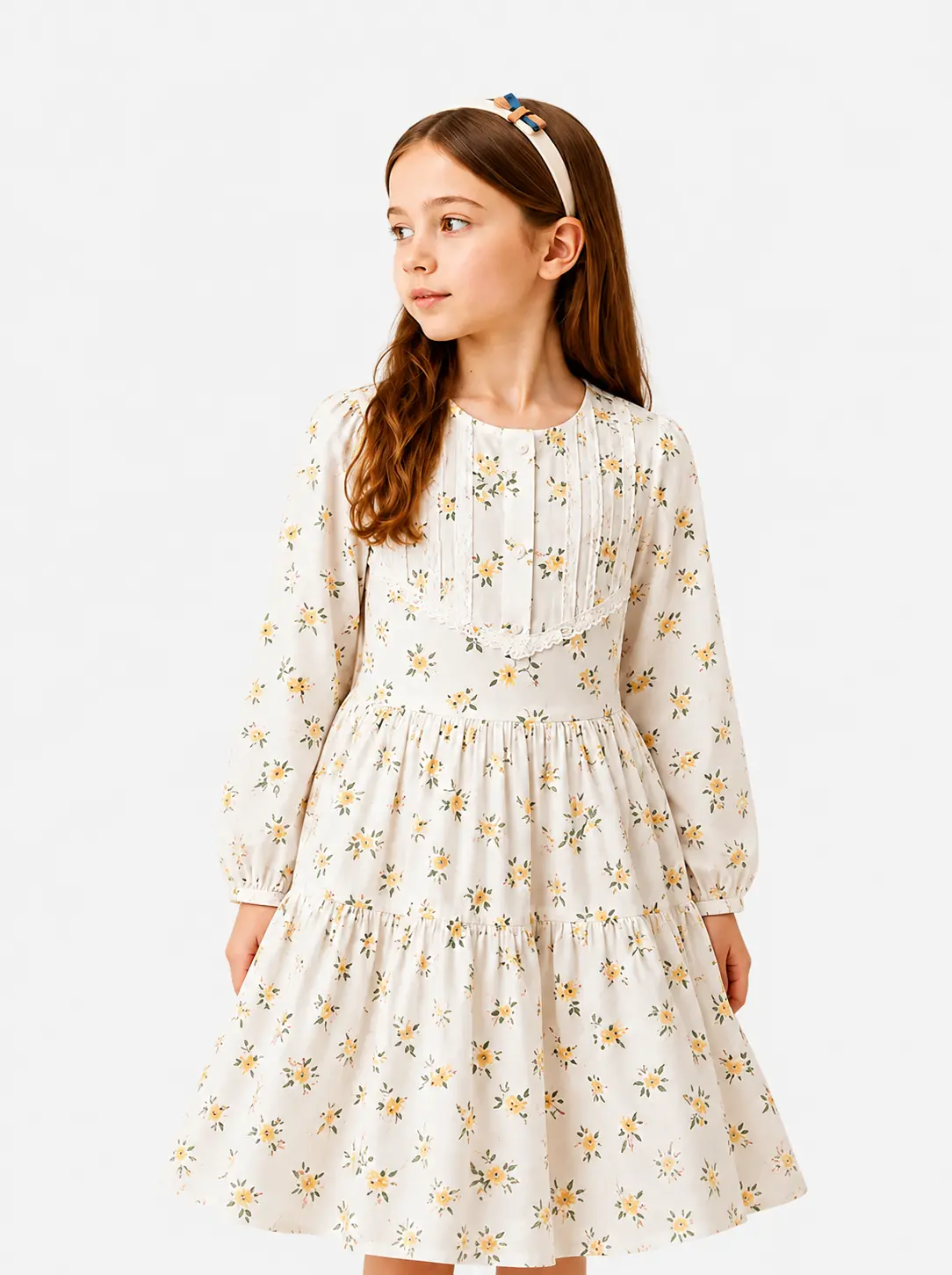 Girls’ Long Sleeve Cream Floral Print Tiered Midi Dress