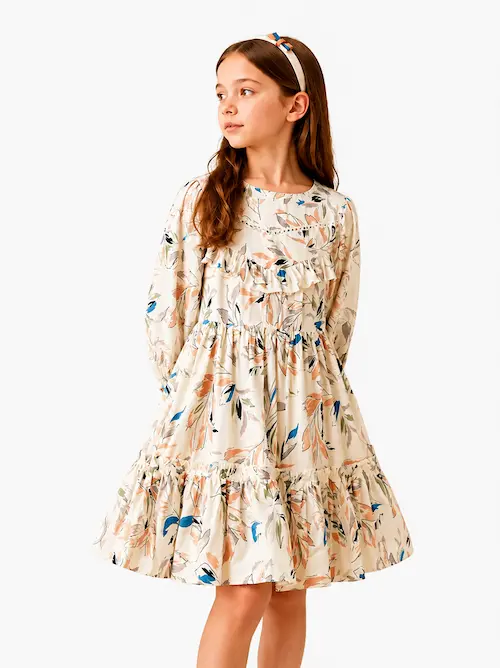 Girls’ Abstract Leaf Floral Print Midi Dress with Ruffled Yoke & Puff Sleeves