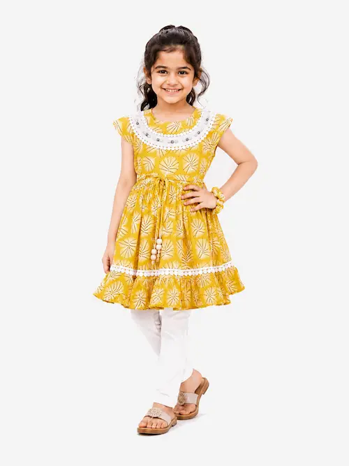 Girls’ Yellow Cotton Leaf Block Print Kurti Kurta with Pants Ethnic Set
