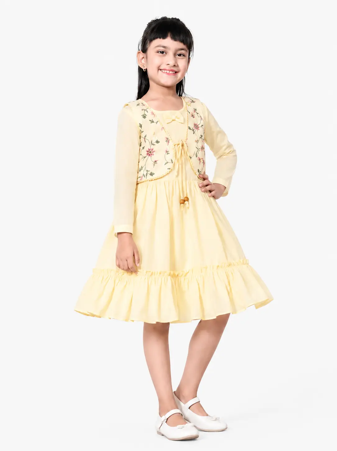 Girls’ Pastel Yellow Floral Embroidered Jacket Dress with Back Bow