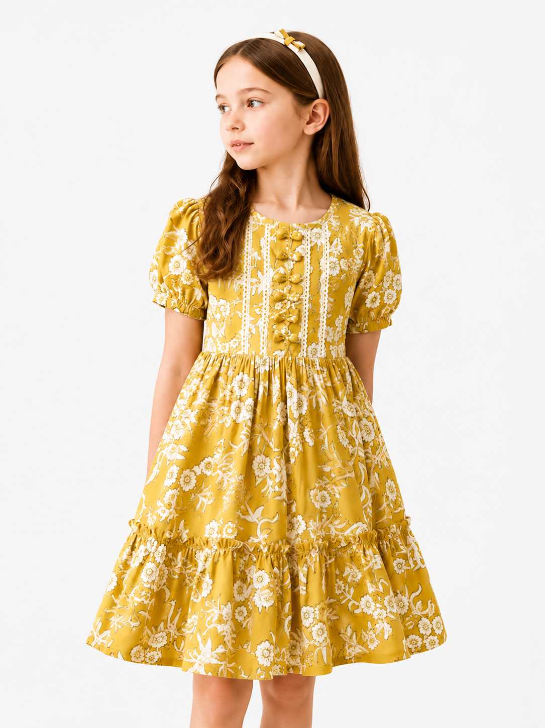 Mustard Bloom Puff-Sleeve Cottagecore Dress